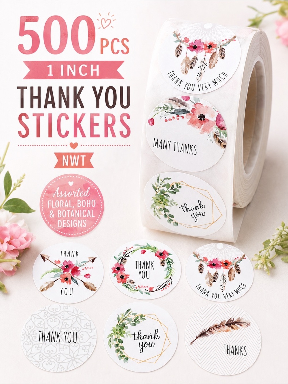 Thank You Stickers 1 Inch Floral Boho Small Business Packaging NWT